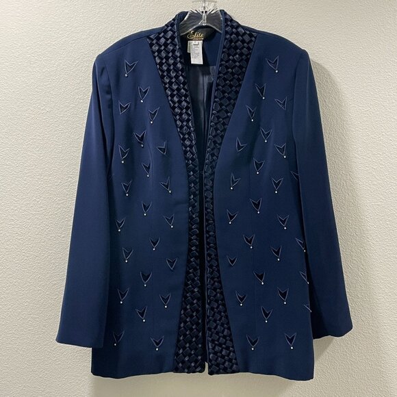 ELITE CHAMPAGNE Rare Find Vintage Blazer Embroider Cutouts Rhinestones, Navy -12 - Picture 1 of 11